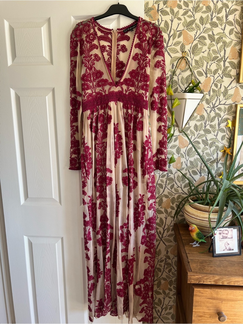 For Love & Lemons Beige Maxi Dress with Burgundy Floral Appliqué